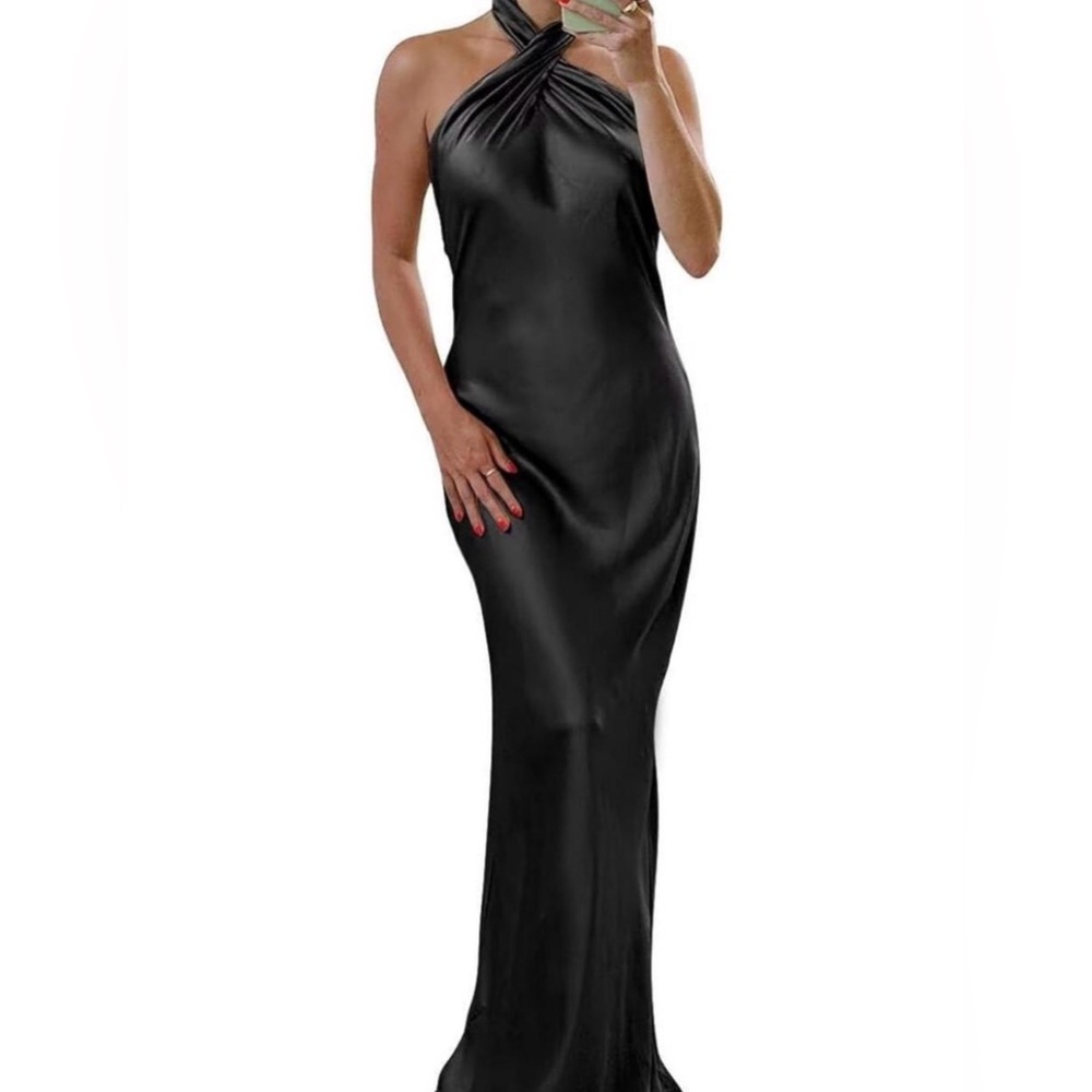 Amazon Black Satin Halter Evening Gown